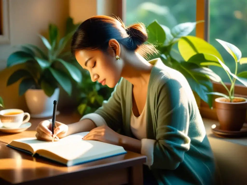 Persona escribiendo en una habitación soleada y acogedora, rodeada de plantas y una taza de té, en un ambiente de paz y reflexión