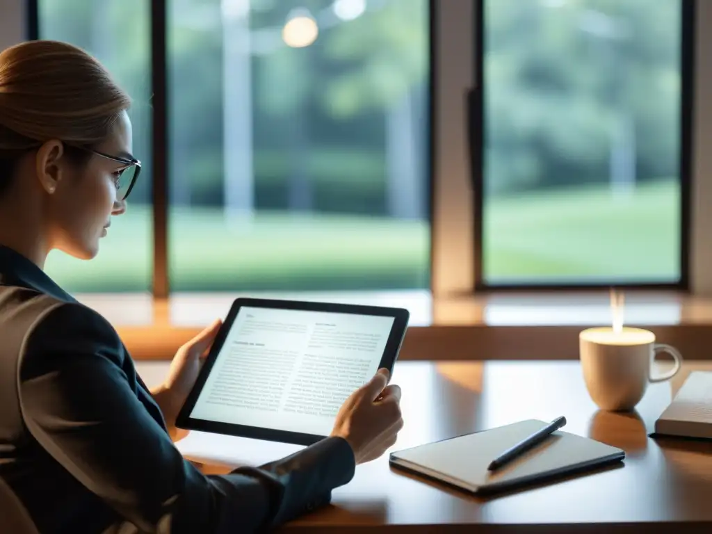 Persona usando herramientas digitales para análisis literario en tablet, en un ambiente sereno y profesional