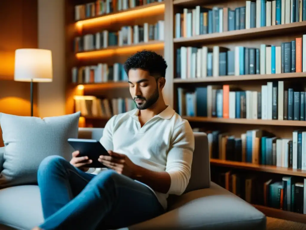 Persona disfrutando del impacto del Kindle en lectura en acogedor rincón de lectura iluminado, rodeado de libros físicos y una atmósfera serena