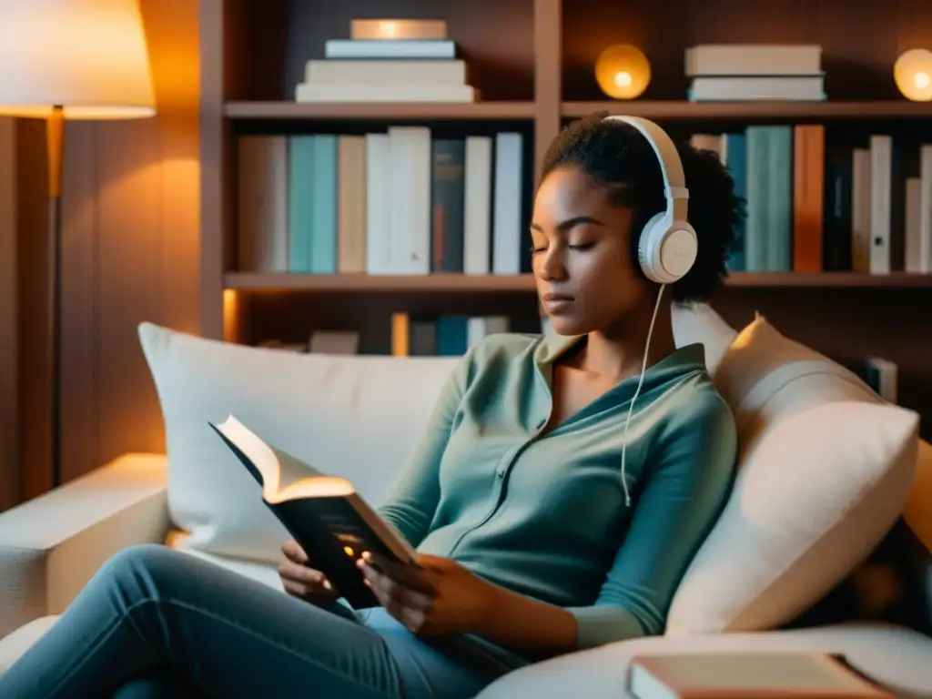 Persona inmersa en lectura con música, rodeada de libros en un rincón acogedor