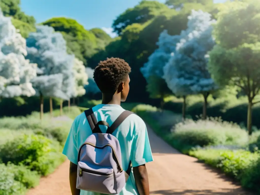 Una persona joven en una encrucijada, contemplando dos caminos divergentes, en un paisaje exuberante