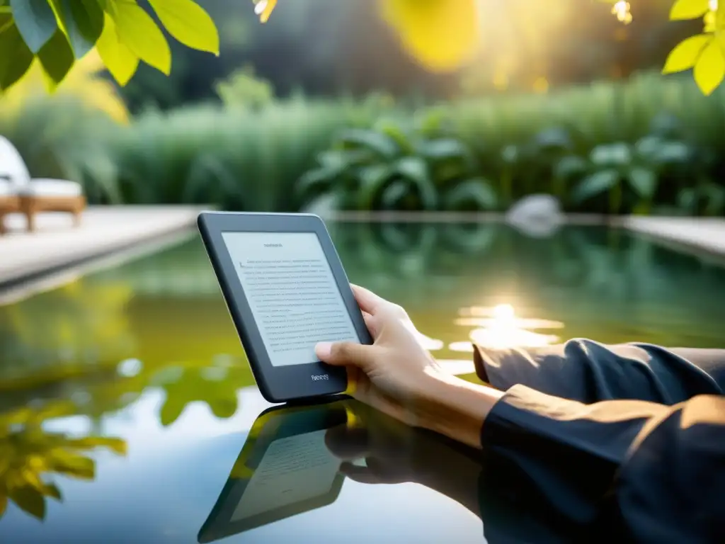 Persona leyendo junto a la piscina, disfrutando de su ereader a prueba de agua