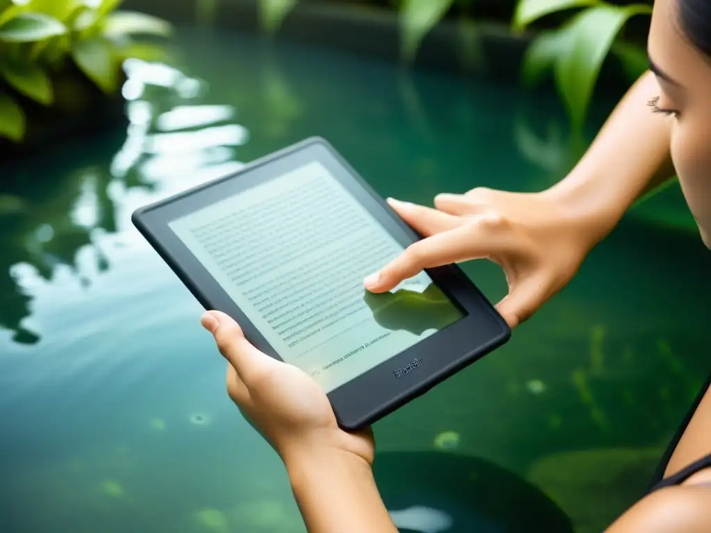 Persona leyendo un lector digital a prueba de agua en una piscina tranquila, reflejando serenidad y comodidad