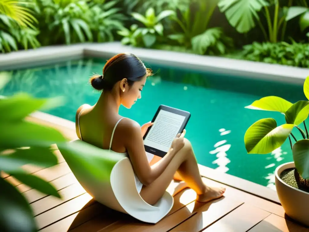 Una persona leyendo un lector digital a prueba de agua junto a la piscina, rodeada de vegetación exuberante y la suave luz del sol