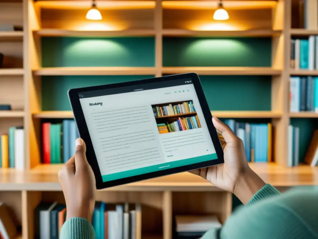 Una persona personaliza su lectura en una acogedora esquina de lectura con una tablet y la aplicación de lectura abierta