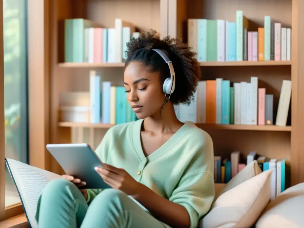 Persona disfrutando de lectura en un rincón acogedor, rodeada de libros, con app rastreadora de hábitos de lectura en tablet