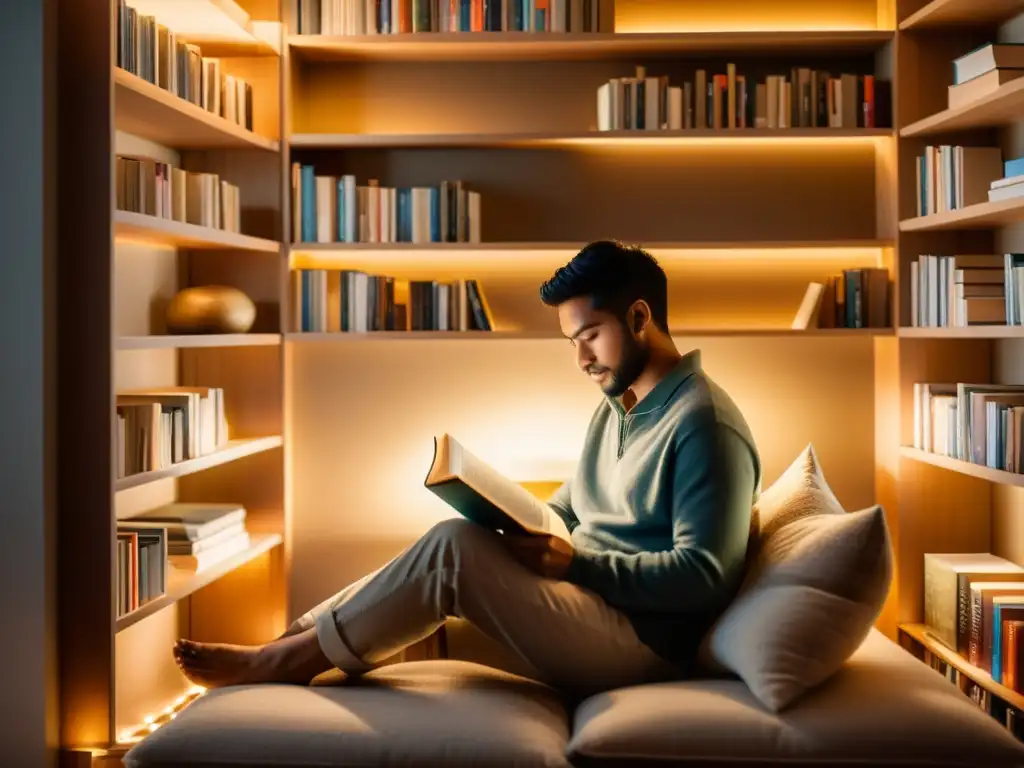 Una persona disfruta de la lectura en un rincón acogedor, rodeada de libros