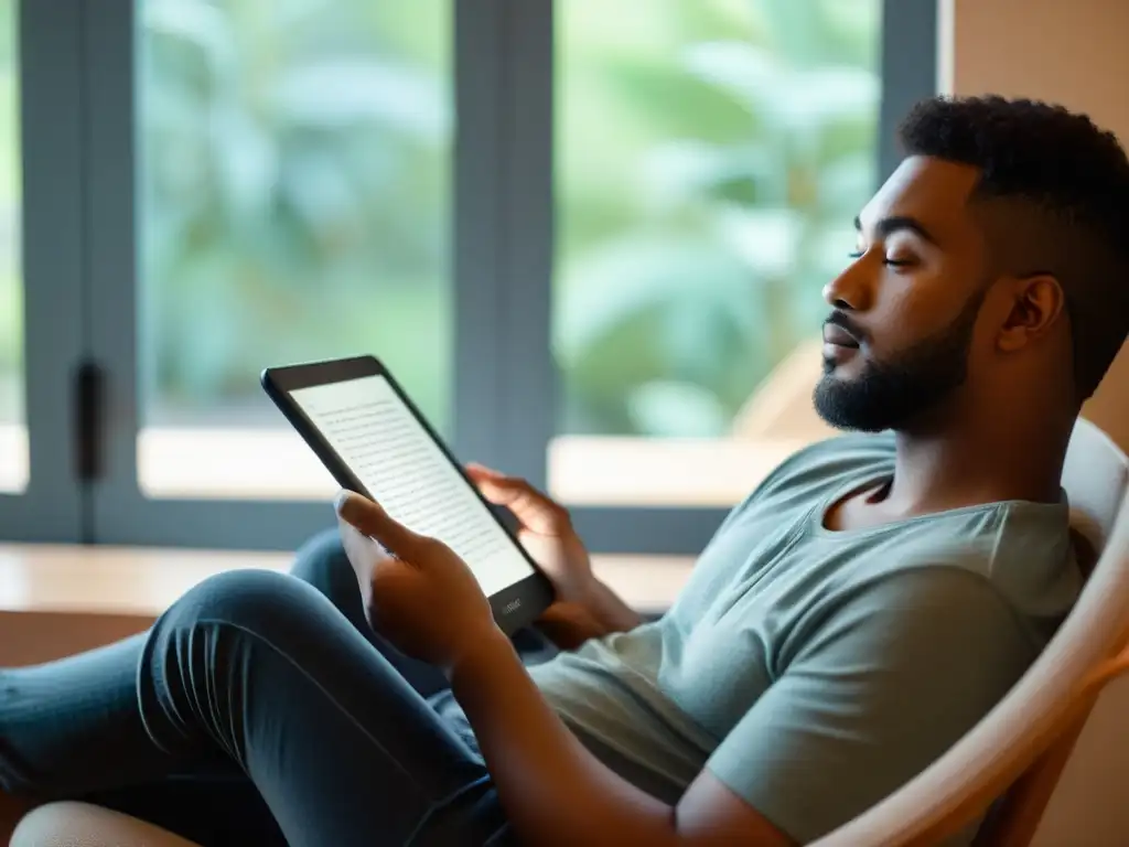 Una persona disfruta de la lectura con un Kindle en una silla acogedora, iluminada por luz natural