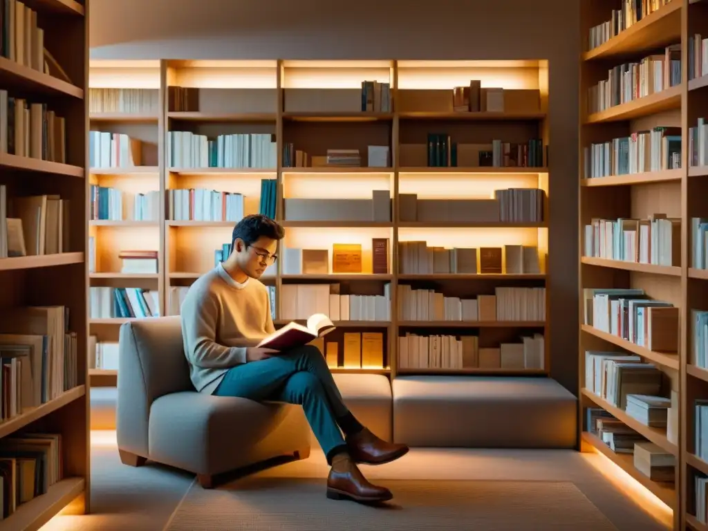 'Persona leyendo en librería acogedora en la FIL Guadalajara, con atmósfera tranquila y cálida