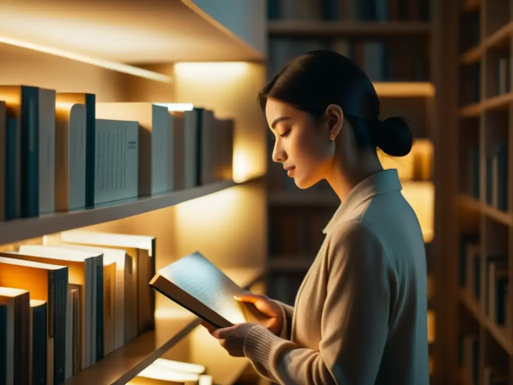 Persona seleccionando un libro con calma y atención