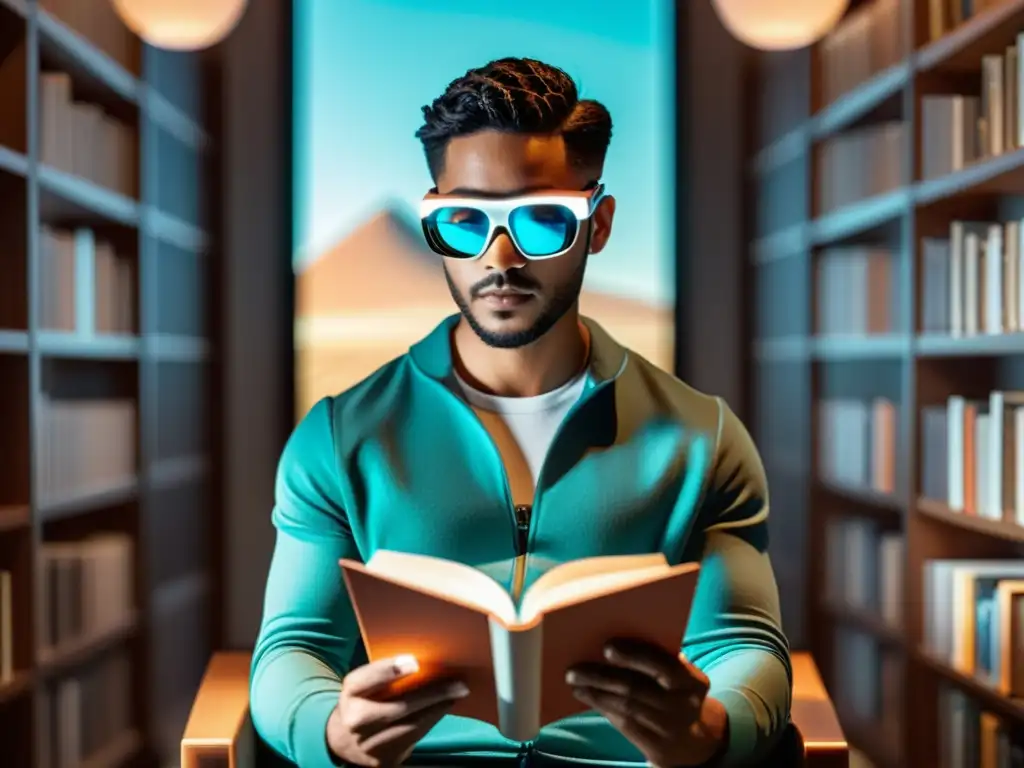 Persona leyendo un libro con gafas de realidad aumentada, mostrando gráficos 3D interactivos sobre las páginas