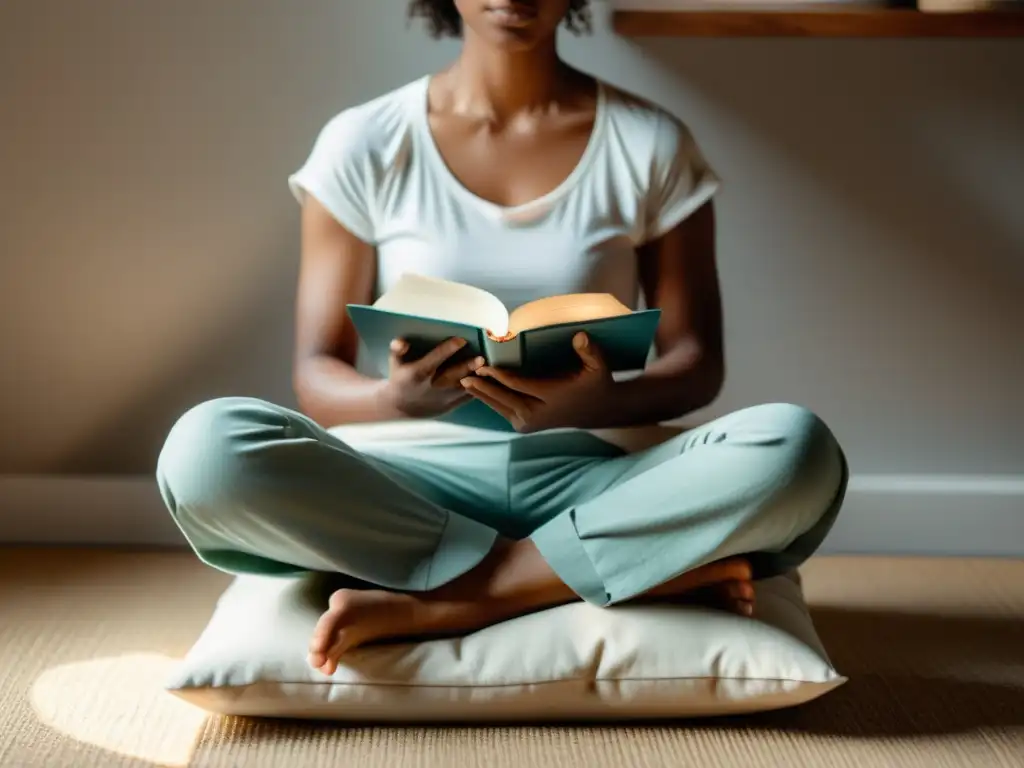 Persona meditando con libro en cojín, integrando literatura y mindfulness