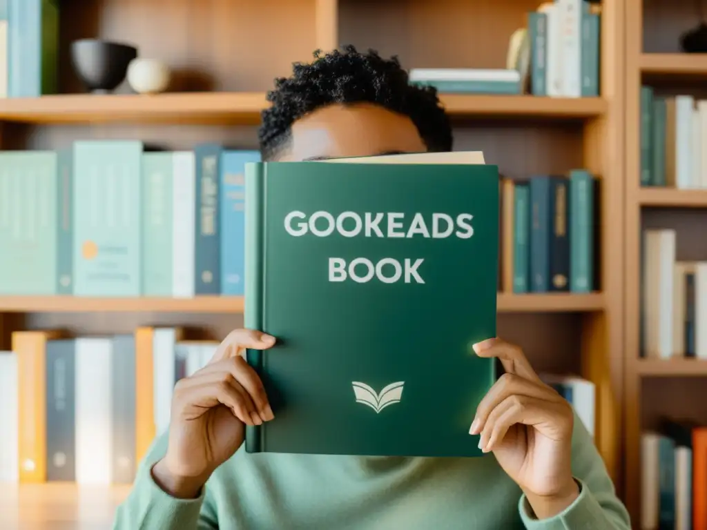 Persona leyendo un libro con el logo de Goodreads destacado en la portada