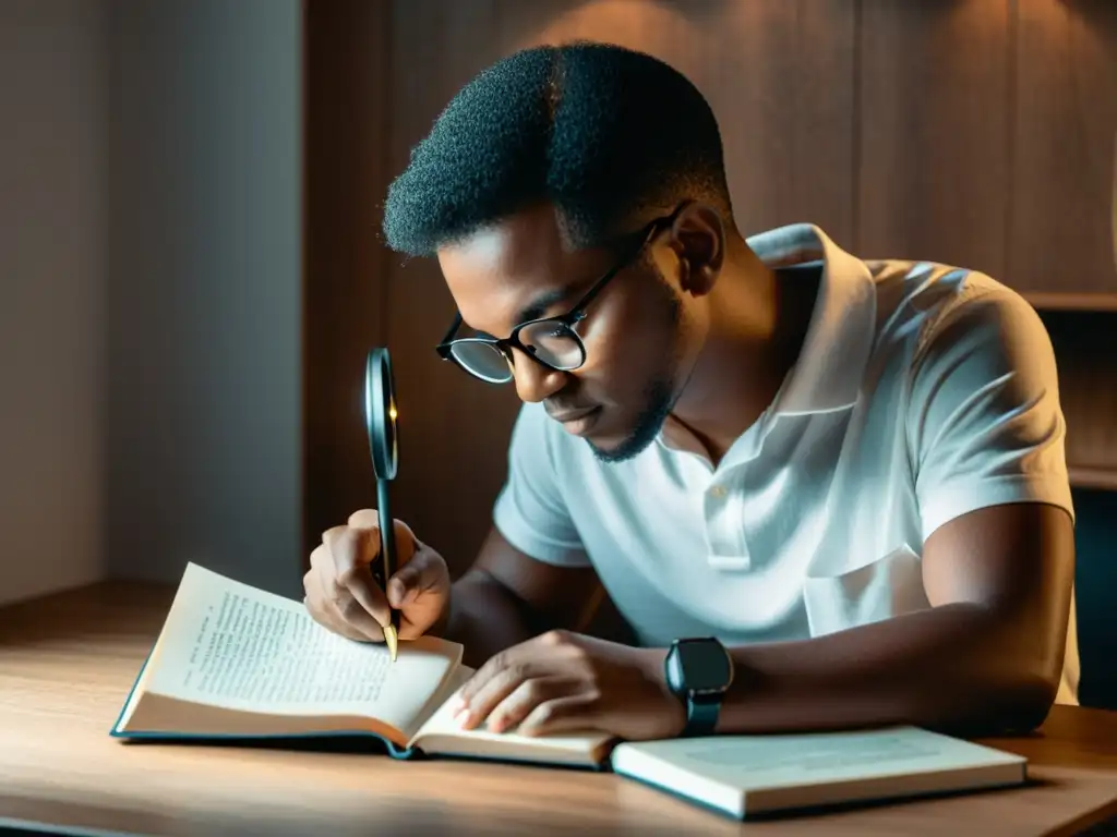 Persona leyendo un libro con lupa, buscando significados ocultos