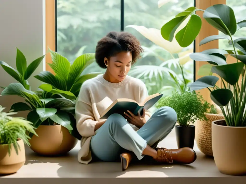 Persona leyendo libro con portada neutra en espacio inclusivo, transmite apertura y diversidad en comunicación literaria de identidad de género