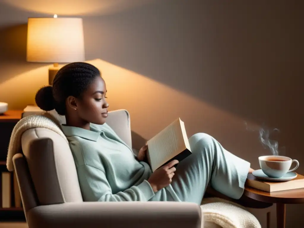 Persona leyendo un libro en una silla acogedora con taza de té y libros apilados