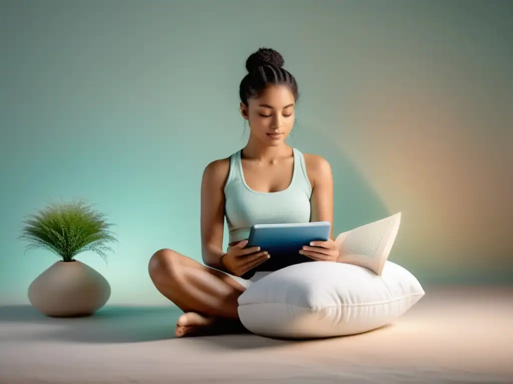 Una persona en meditación leyendo un libro y usando una tablet en un cojín blanco, con colores suaves y serenidad