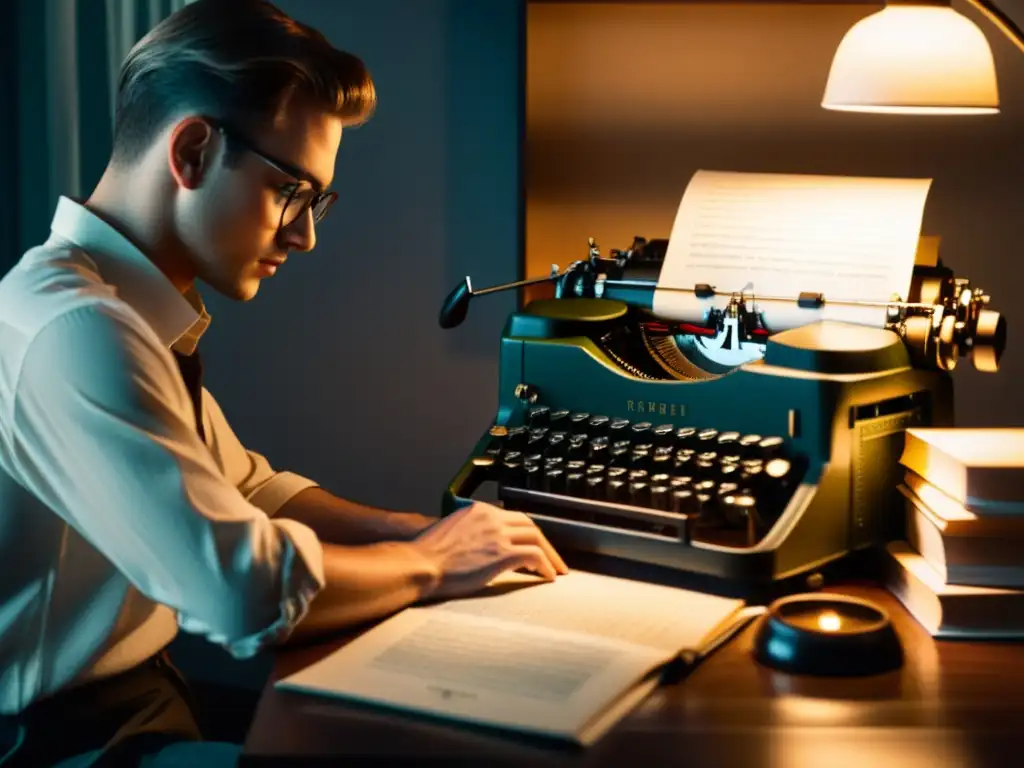 Persona escribiendo en máquina de escribir rodeada de libros de poesía, creando atmósfera de concentración y creatividad para Consejos autoedición poesía específicos