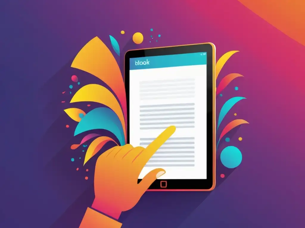 Persona leyendo narrativa interactiva en ebooks en una tablet, con visuales vibrantes y cautivadores interactuando con el contenido