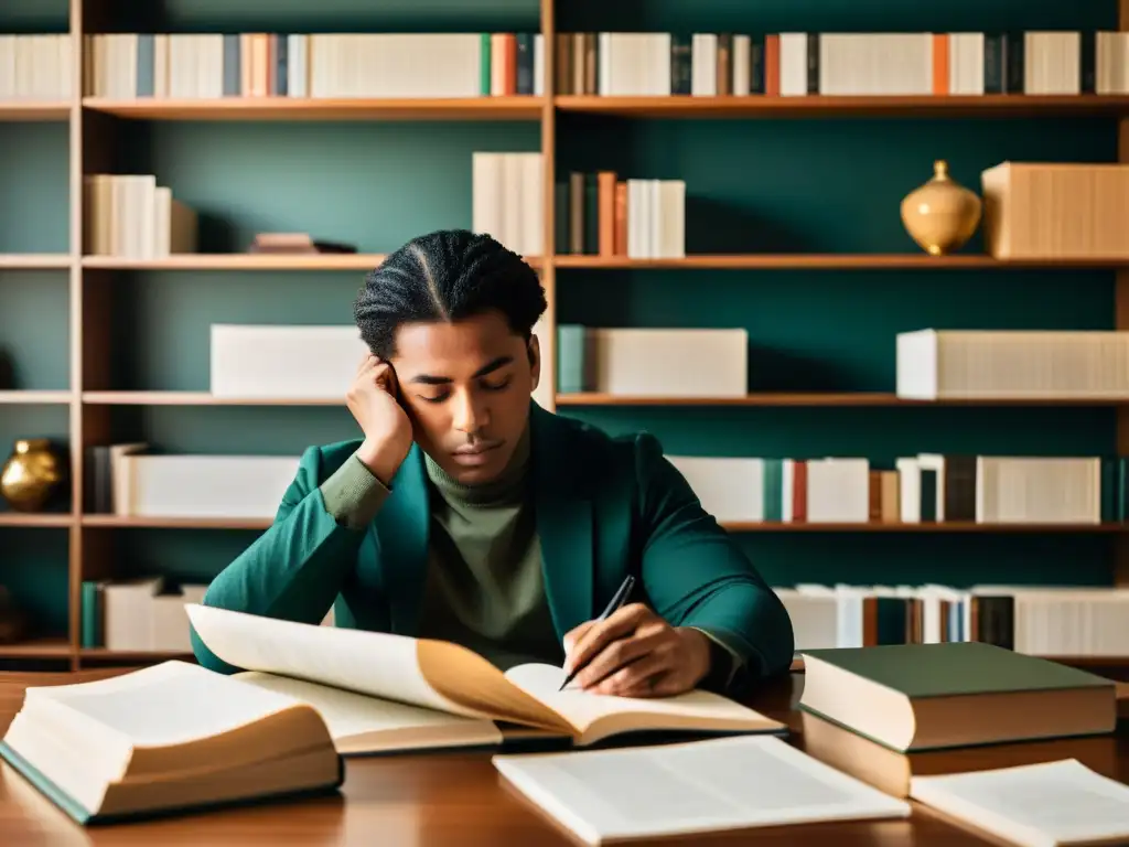 Una persona analiza una obra literaria en un ambiente sereno y concentrado, rodeada de libros y papeles