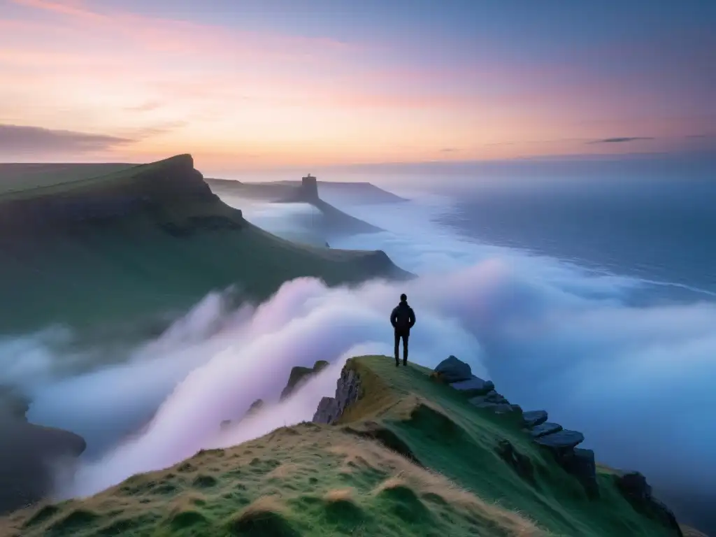 Persona contemplando paisaje neblinoso al amanecer