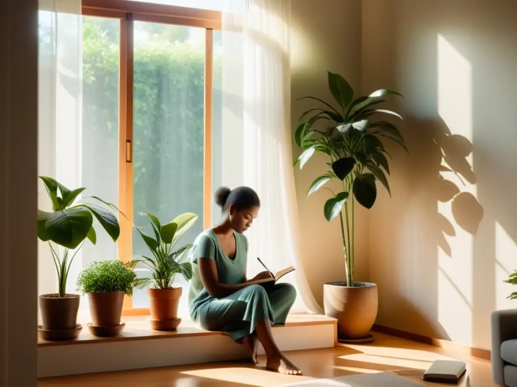 Persona en paz, escribiendo en un cuarto iluminado por el sol, rodeada de plantas