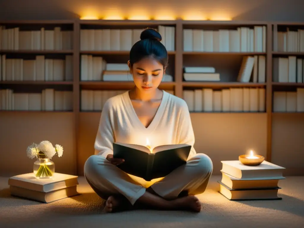 Persona leyendo en paz rodeada de libros, flores delicadas y luz cálida