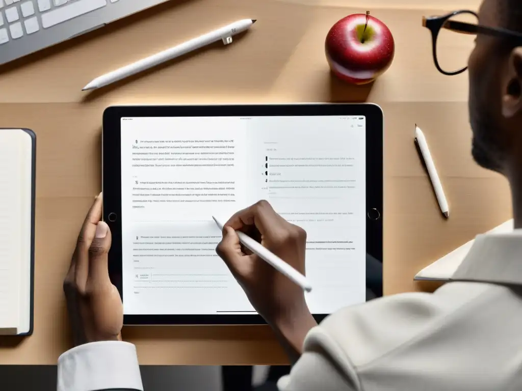 Persona usando iPad y Apple Pencil para tomar notas en libro digital, ambiente moderno y productivo