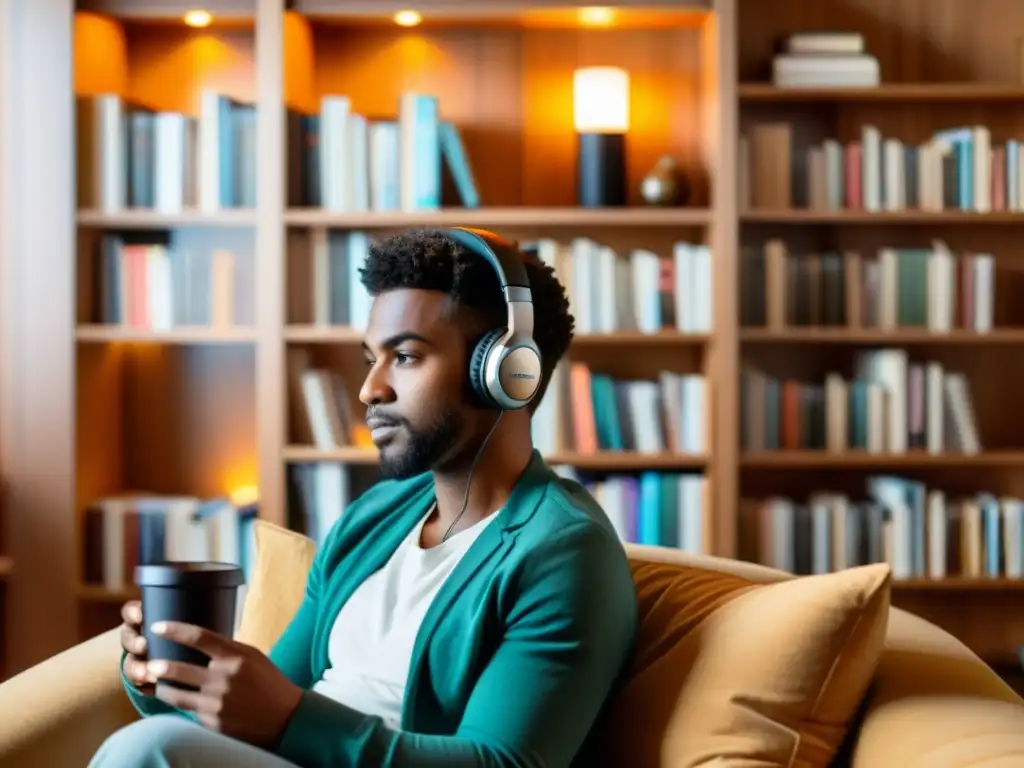 Persona escuchando un podcast con auriculares y una taza de café, rodeada de libros