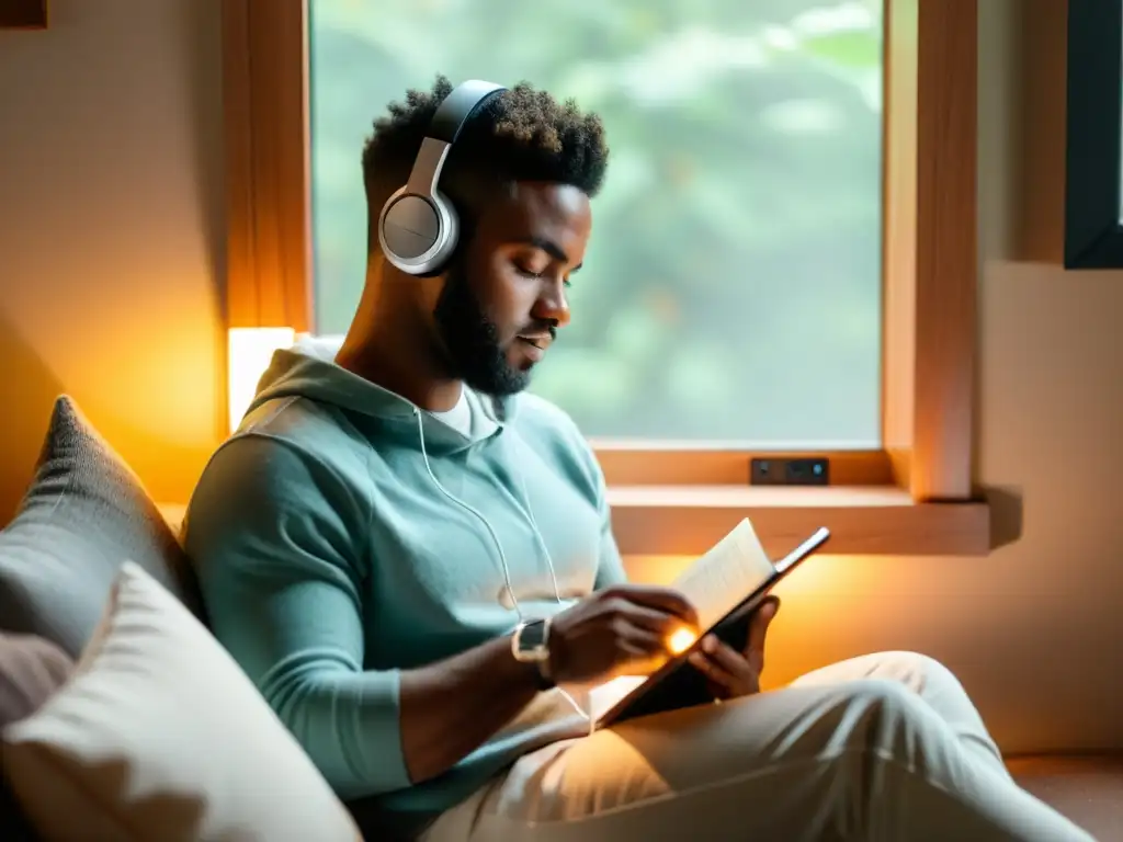 Persona disfrutando podcasts literarios en acogedor rincón de lectura, rodeada de libros con luz suave filtrándose por la ventana