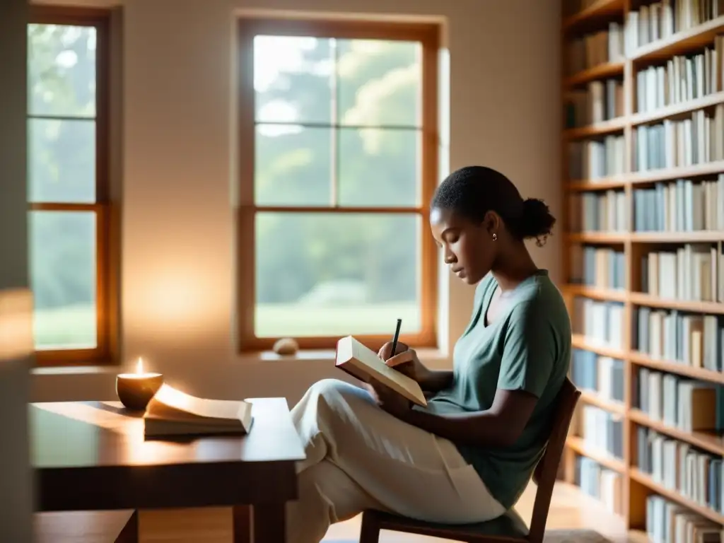 Persona escribiendo poesía en un ambiente sereno con libros, resaltando el papel de la poesía en la salud mental