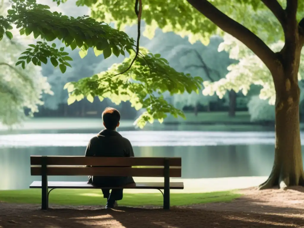 Persona leyendo poesía en un parque sereno, rodeada de naturaleza, reflejando la paz y la introspección, papel de la poesía en la salud mental