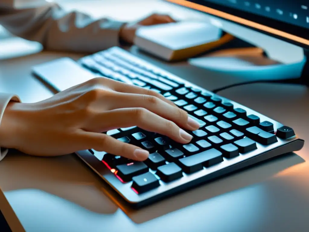 Persona escribiendo con precisión en un teclado moderno, en un entorno minimalista