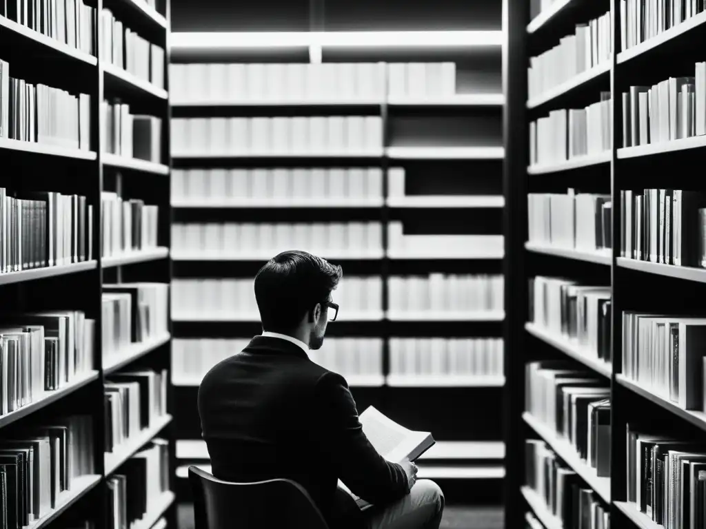 Persona reflexiva leyendo en biblioteca, evocando el realismo en la crítica literaria