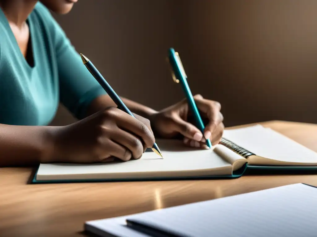 Persona reflexiva escribiendo en un cuaderno en un escritorio ordenado, con iluminación suave y serena