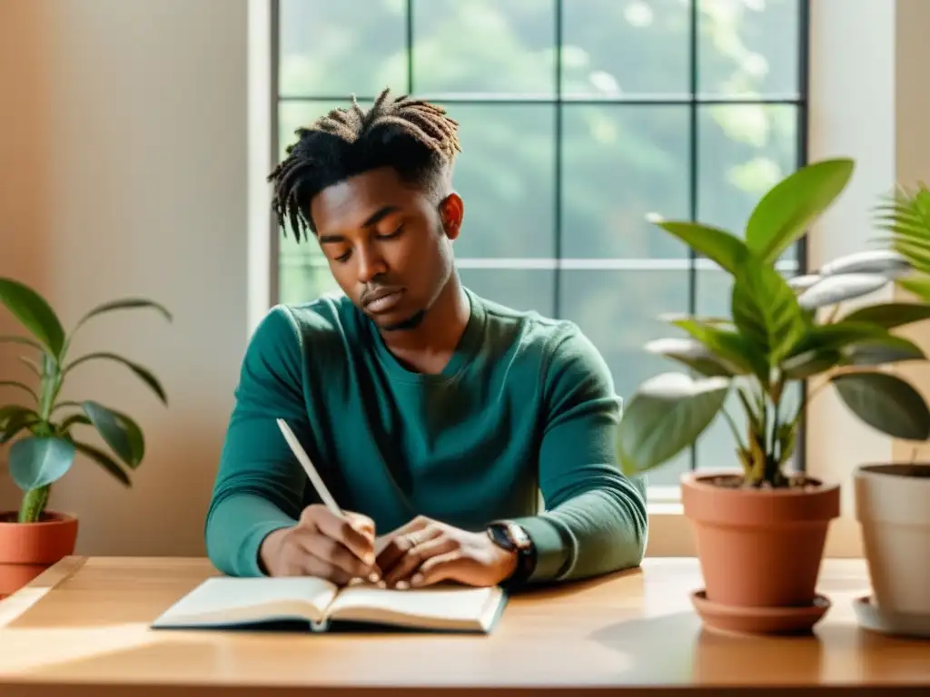 Persona reflexiva en escritorio bañado en luz natural, con cuaderno y planta, capturando la esencia de las técnicas escritura autobiográfica talleres