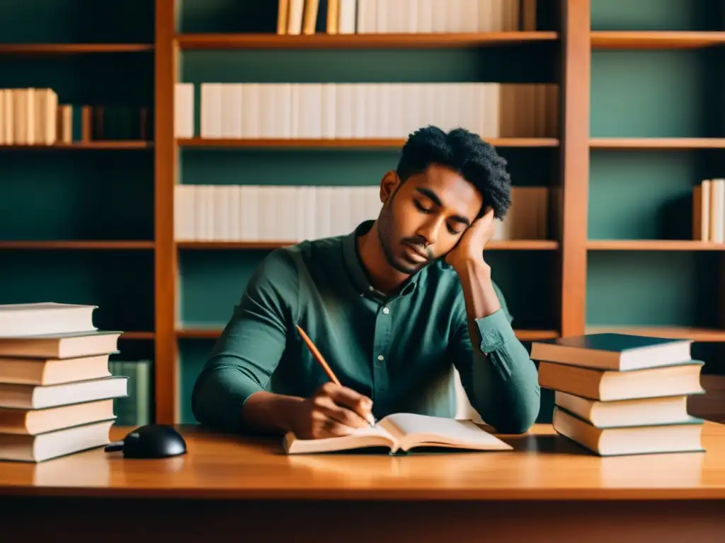 Persona reflexiva en escritorio con libros, evocando un taller de técnicas literarias para desarrollar personajes