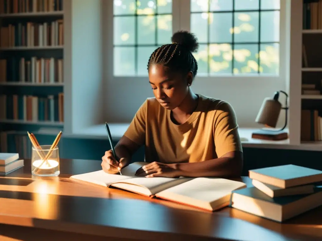 Persona reflexiva en escritorio con libros y herramientas, listo para crear narrativa de marca