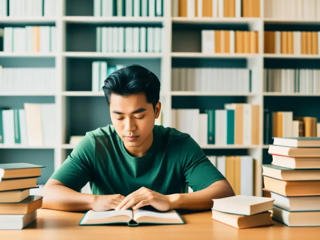 Persona reflexiva en escritorio con libros, calculadora y lápiz