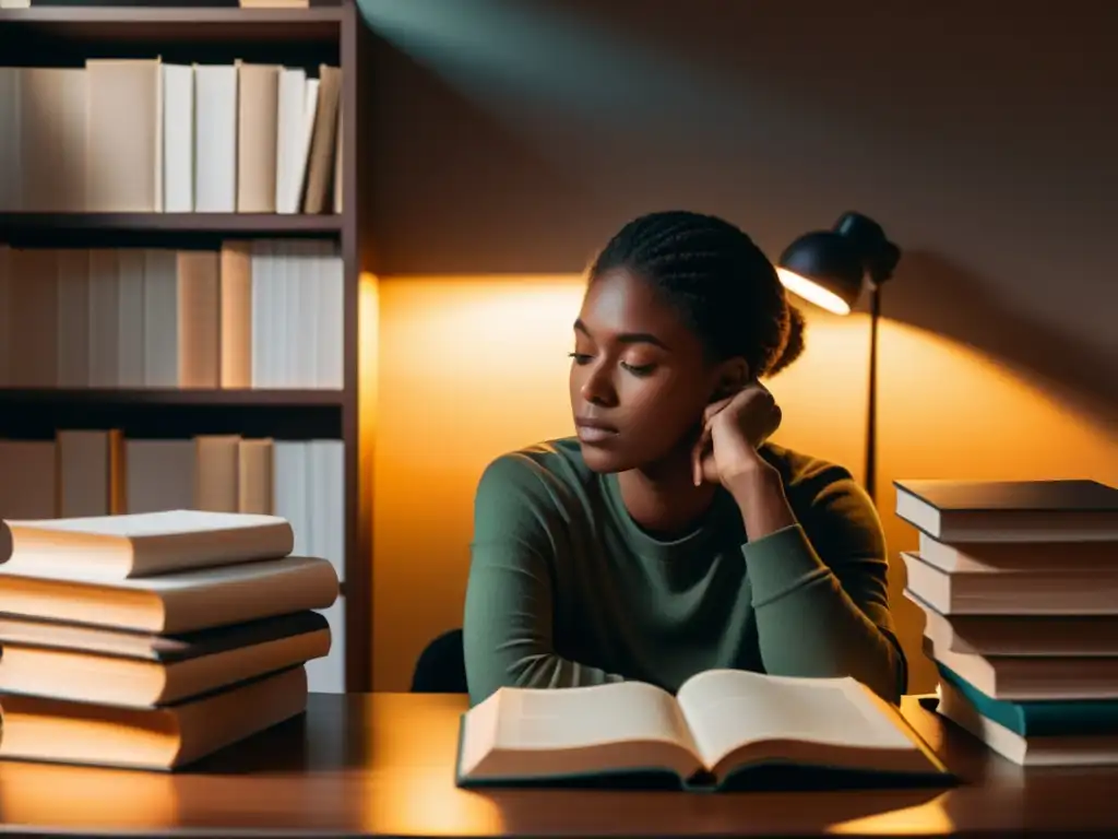 Persona reflexiva en escritorio con libros y papeles, ambiente cálido y sereno