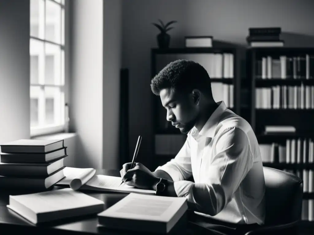 Persona reflexiva en escritorio con libros y papel en blanco, irradiando concentración y creatividad