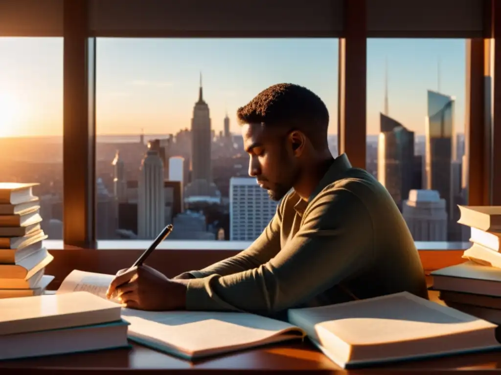 Persona reflexiva en un escritorio con libros y papeles, mirando la ciudad al atardecer