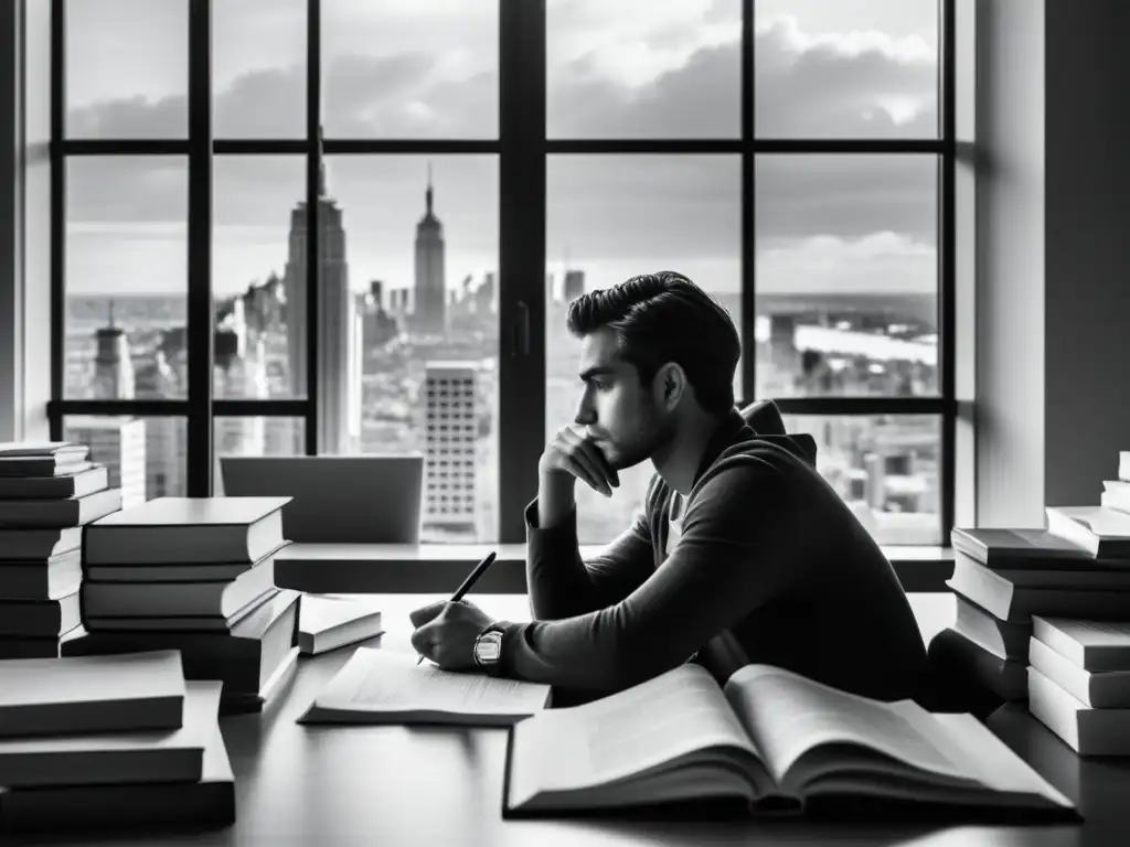 Persona reflexiva en escritorio con libros y papeles, mirando por la ventana la ciudad