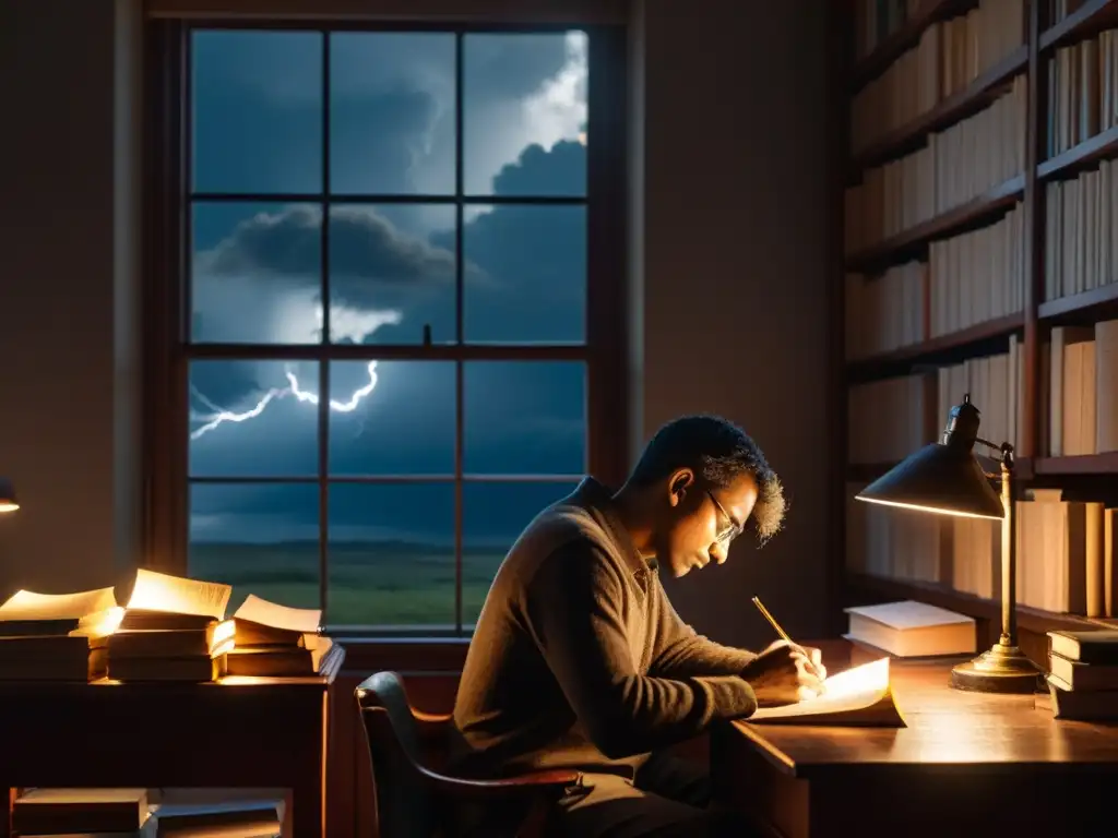 Una persona reflexiva en una habitación iluminada por una lámpara de escritorio, rodeada de libros y papeles, mientras una tormenta se aproxima afuera