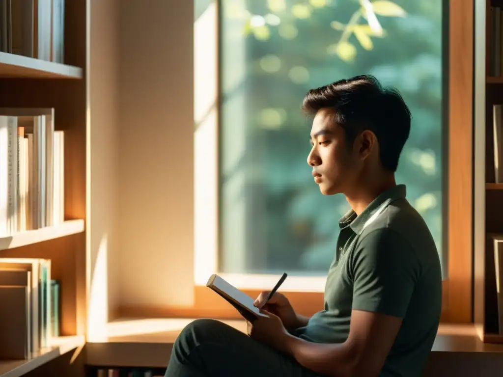 Persona reflexiva en una habitación soleada, rodeada de libros, mejora diálogos internos técnicas literarias