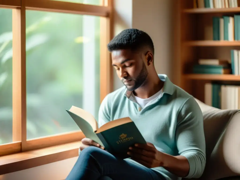 Persona reflexiva leyendo un libro en un rincón acogedor, estrategias éticas para reseñas literarias