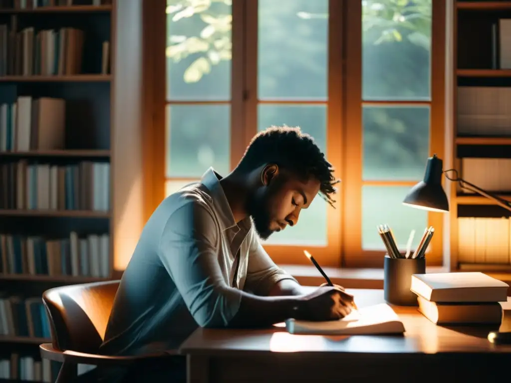 Persona reflexiva en retiro de escritura transformaciones personales, rodeada de libros y luz natural, en profunda contemplación