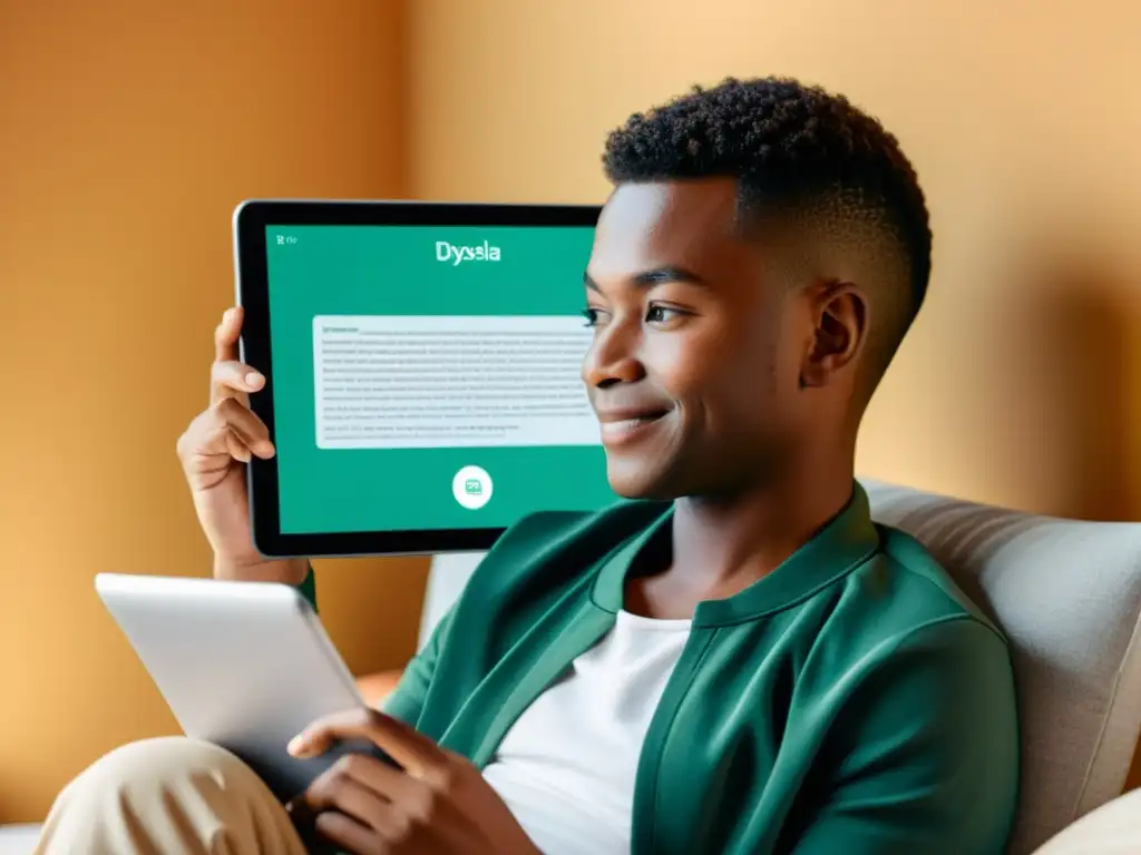 Persona relajada usando app visual para dislexia en tablet con diseño minimalista y opciones personalizables