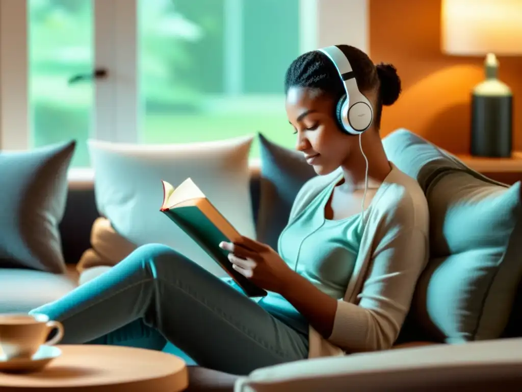 Persona relajada disfrutando de un audiolibro en una sala acogedora, con una taza de té