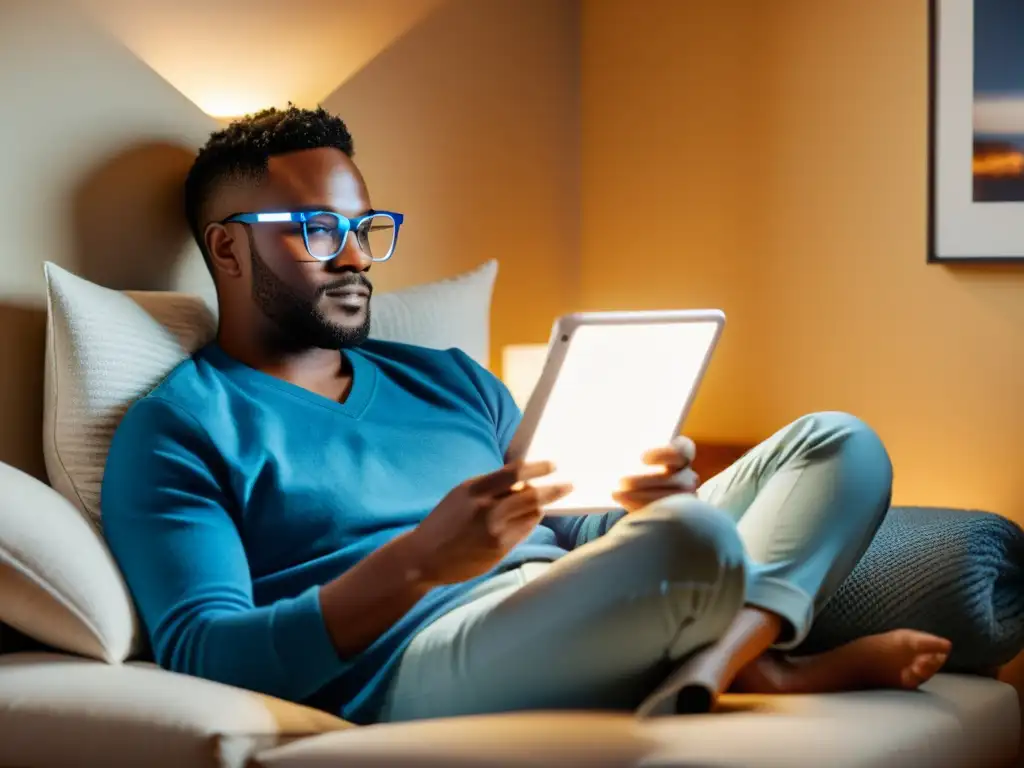 Persona relajada usando gafas luz azul y leyendo en tablet en acogedor rincón de lectura, transmitiendo calma y bienestar